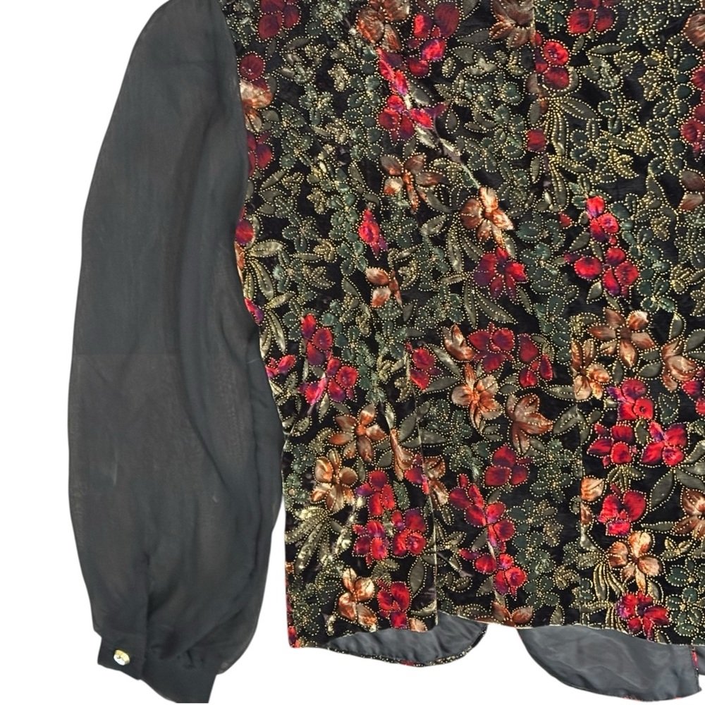 R&K Evening Floral Brocade Velvet Holiday Blouse Sheer Sleeves Sz 18 Gothic chic